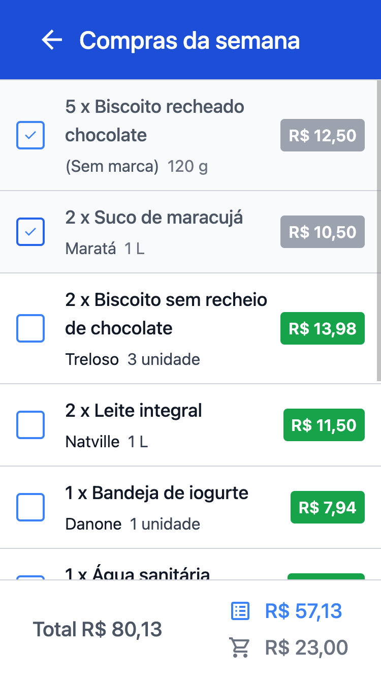 Captura de tela de uma lista de compras no Lista Pronta